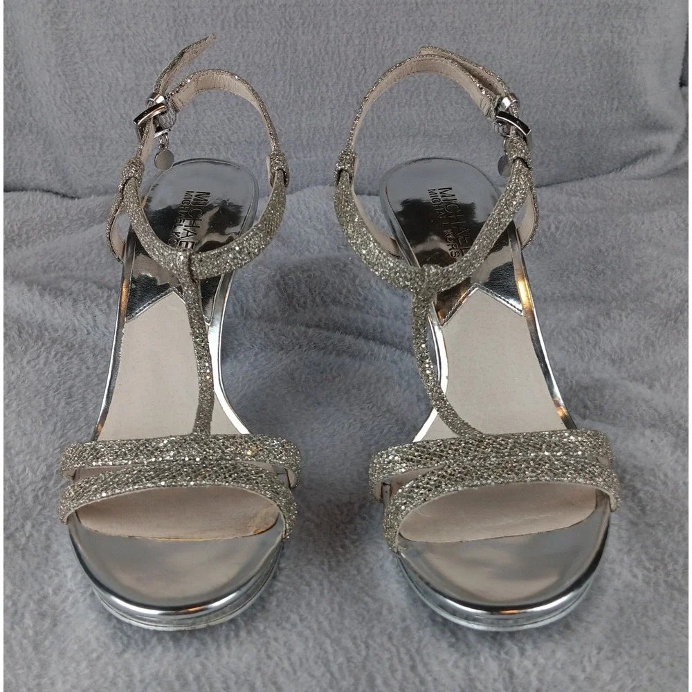MICHAEL KORS Silver Glitter‎ Platform Stiletto Heels Sandals Women's Size 7.5M